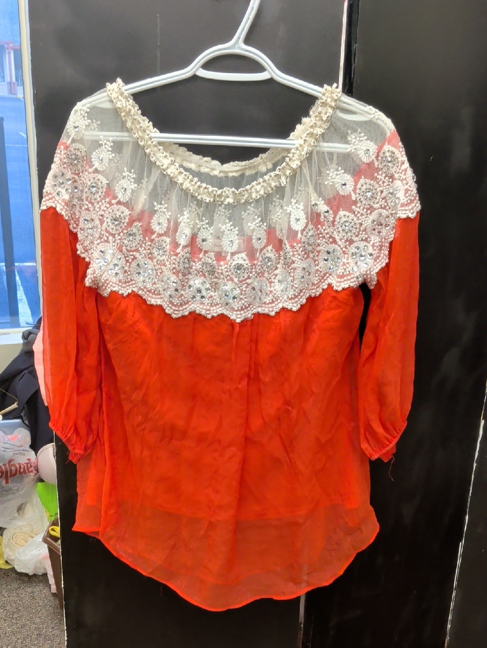 Altar'd State Red Blouse with White Lace Yoke and Beaded Neckline